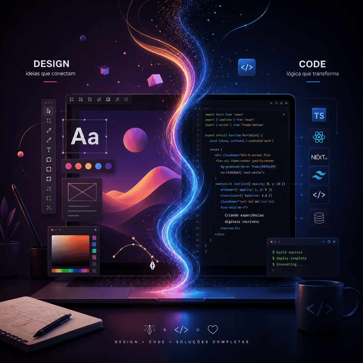 Composição visual mostrando design gráfico se unindo com código (Dark Mode)