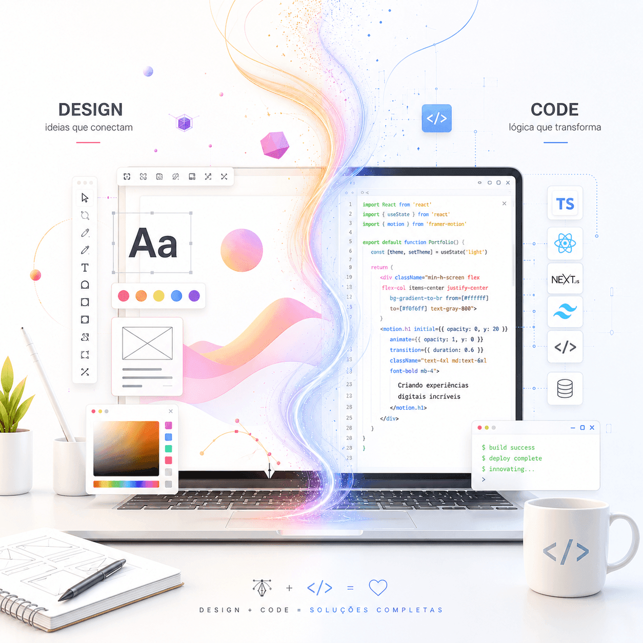 Composição visual mostrando design gráfico se unindo com código (Light Mode)